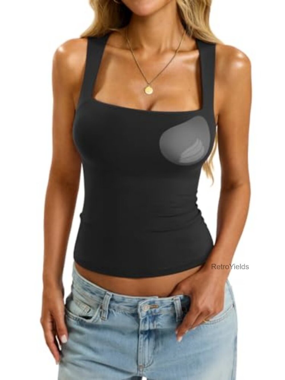 Padded Tank Top Double Lined Built in Bra Square Neck Slim Fit